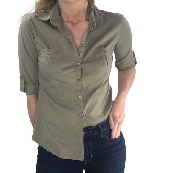 Pull&Bear Button Down Shirt Olive Green Utility Cotton Short Sleeve EUR M US S - Picture 1 of 8